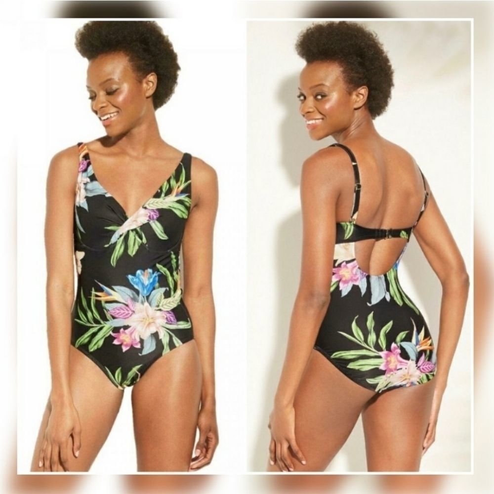 NWT Kona Sol one piece floral black swimsuit